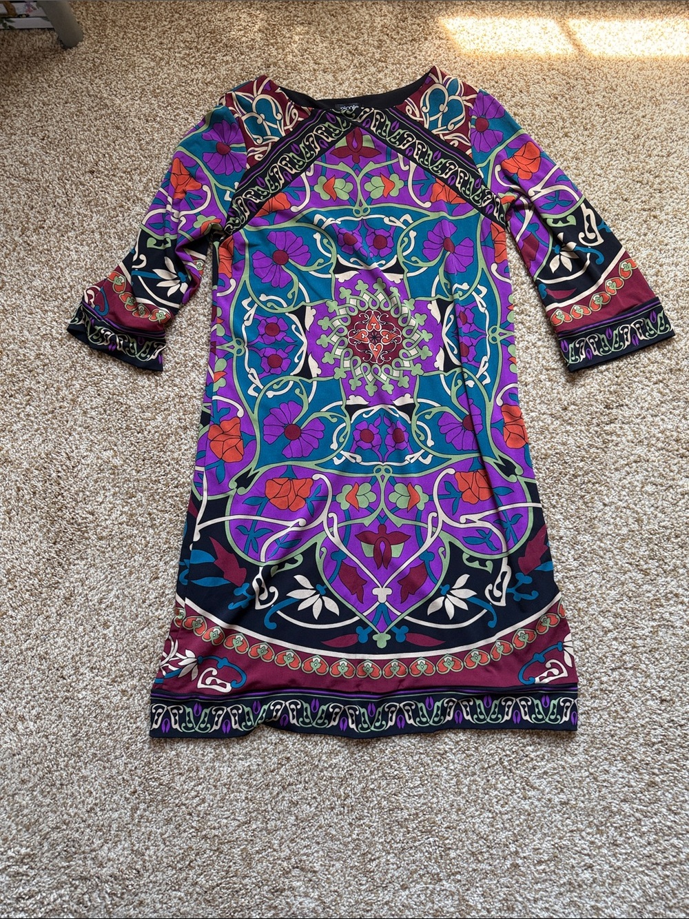 Nicole Vibrant Floral and geometric Print Shift Dress in Purple and Teal